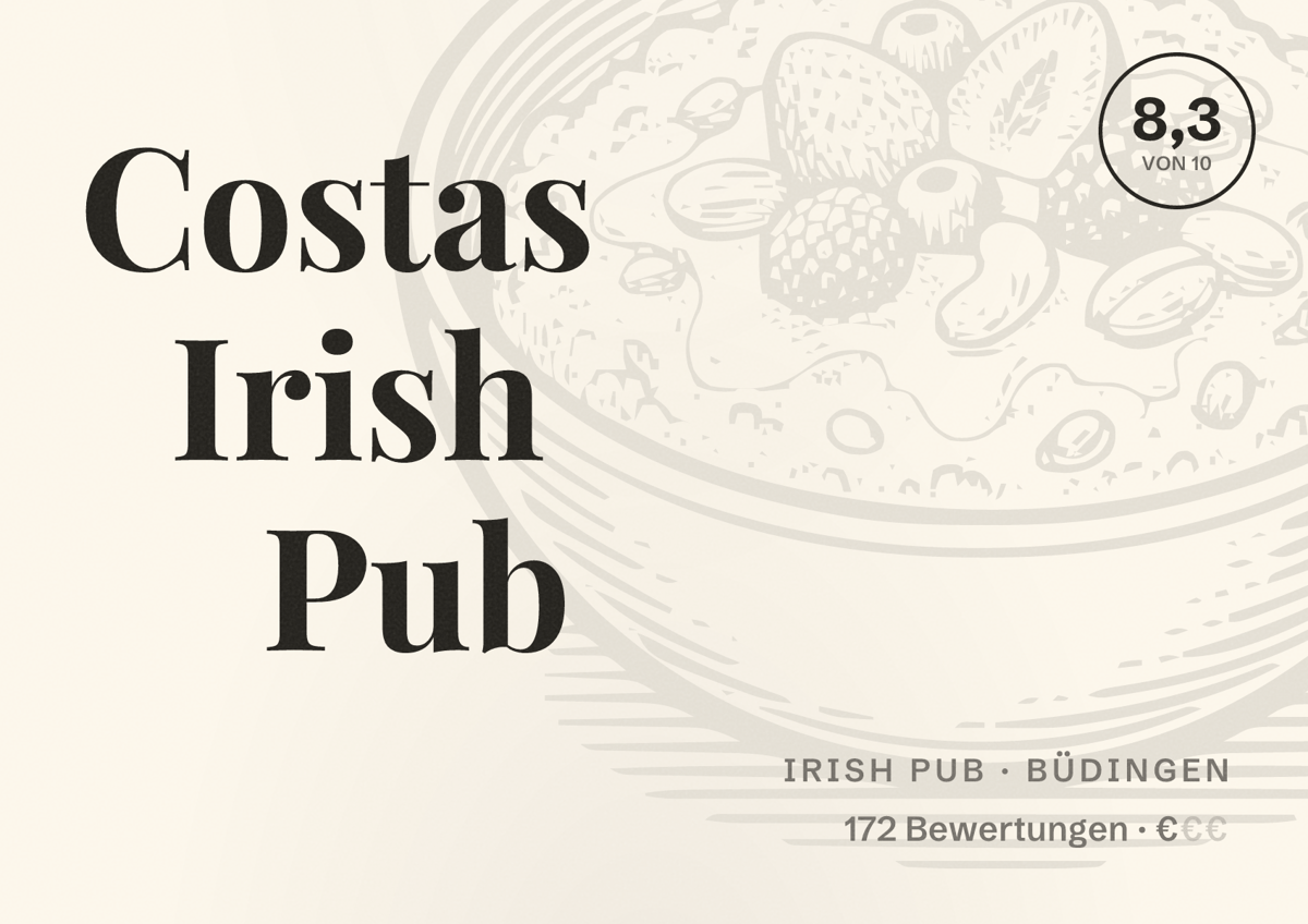 Illustriertes Poster von Costas Irish Pub, Irish Pub in Büdingen: Bewertung 8,3 von 10 aus 172 Bewertungen, Preisniveau €