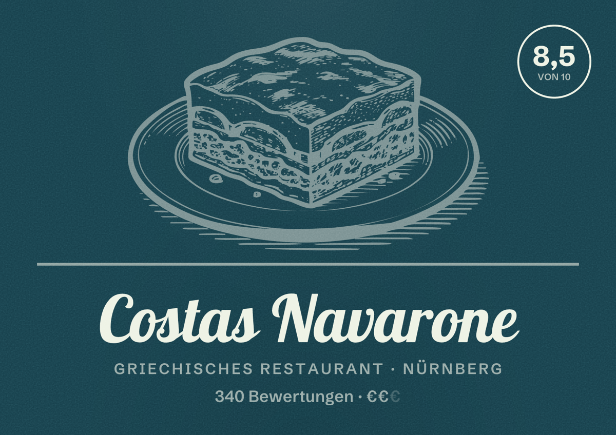 Illustriertes Poster von Costas Navarone, Griechisches Restaurant in Nürnberg: Bewertung 8,5 von 10 aus 340 Bewertungen, Preisniveau €€