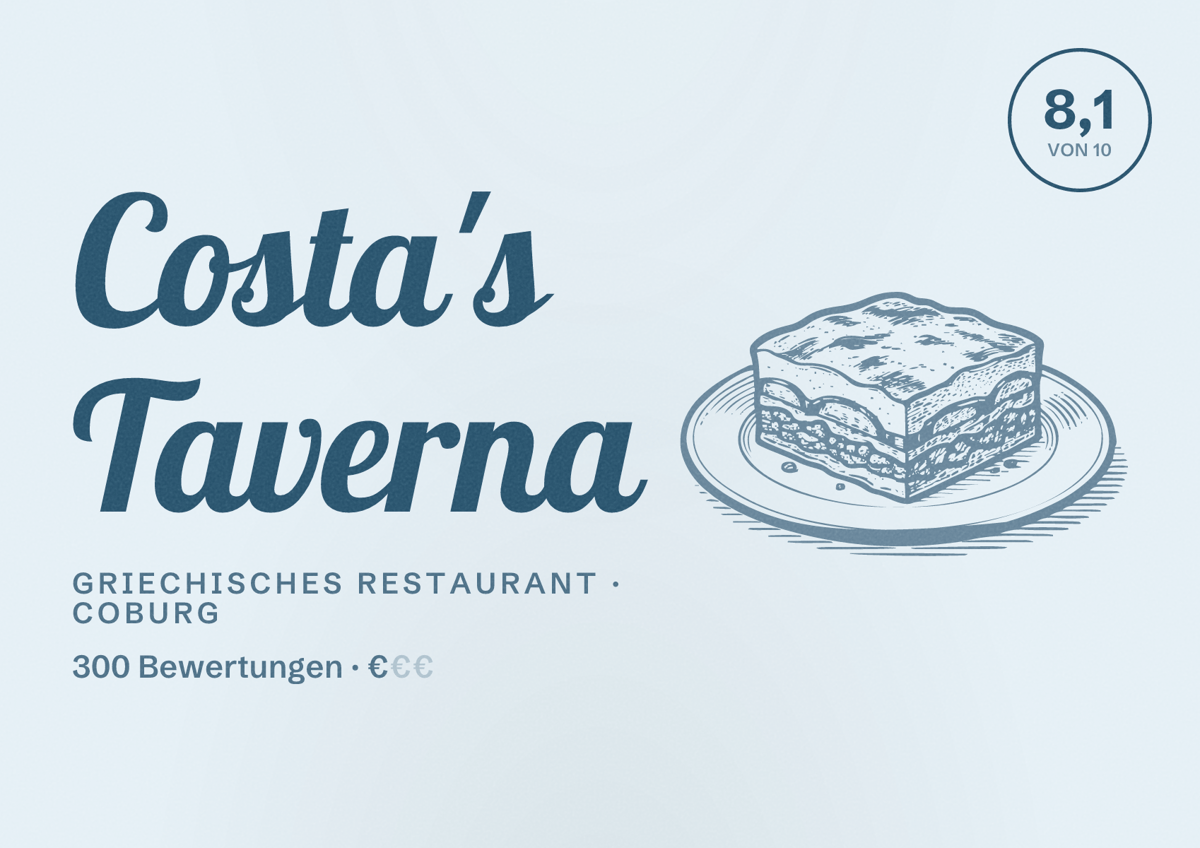 Illustriertes Poster von Costa's Taverna, Griechisches Restaurant in Coburg: Bewertung 8,1 von 10 aus 300 Bewertungen, Preisniveau €
