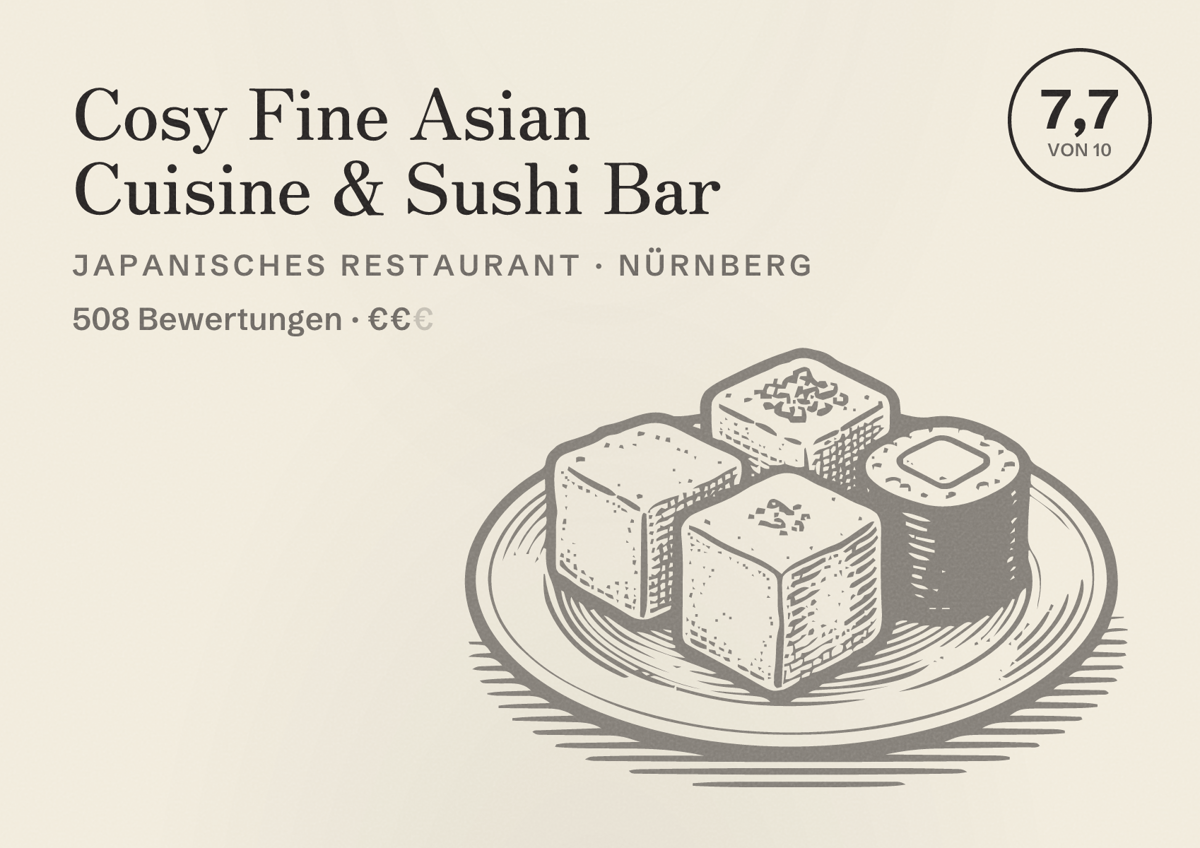 Illustriertes Poster von Cosy Fine Asian Cuisine & Sushi Bar, Japanisches Restaurant in Nürnberg: Bewertung 7,7 von 10 aus 508 Bewertungen, Preisniveau €€