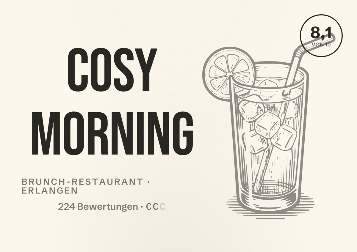 Illustriertes Poster von cosy morning, Brunch-Restaurant in Erlangen: Bewertung 8,1 von 10 aus 224 Bewertungen, Preisniveau €€