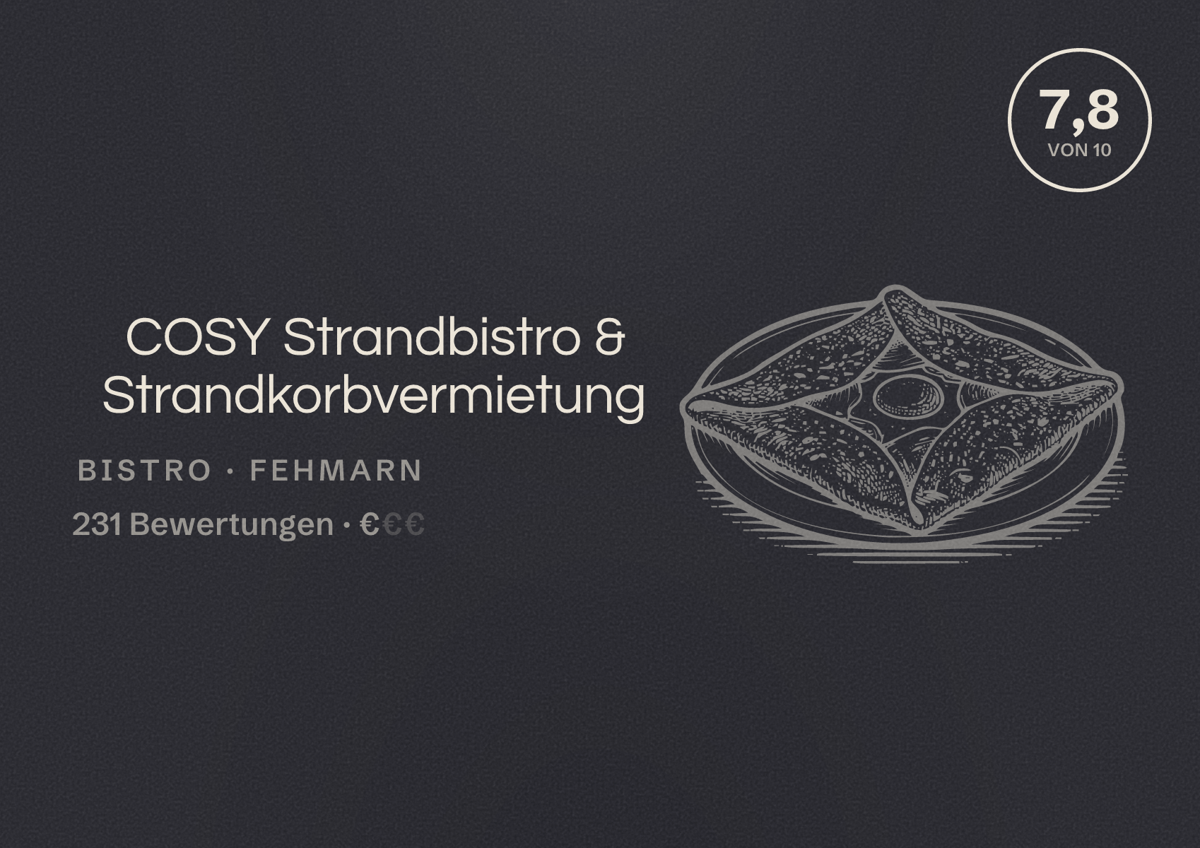 Illustriertes Poster von COSY Strandbistro & Strandkorbvermietung, Bistro in Fehmarn: Bewertung 7,8 von 10 aus 231 Bewertungen, Preisniveau €