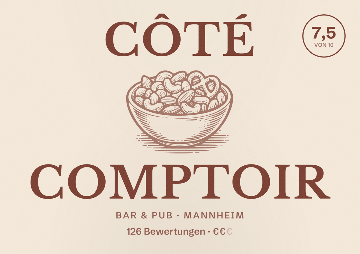Illustriertes Poster von Côté Comptoir, Bar & Pub in Mannheim: Bewertung 7,5 von 10 aus 126 Bewertungen, Preisniveau €€