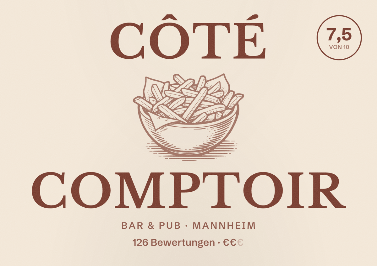 Illustriertes Poster von Côté Comptoir, Bar & Pub in Mannheim: Bewertung 7,5 von 10 aus 126 Bewertungen, Preisniveau €€