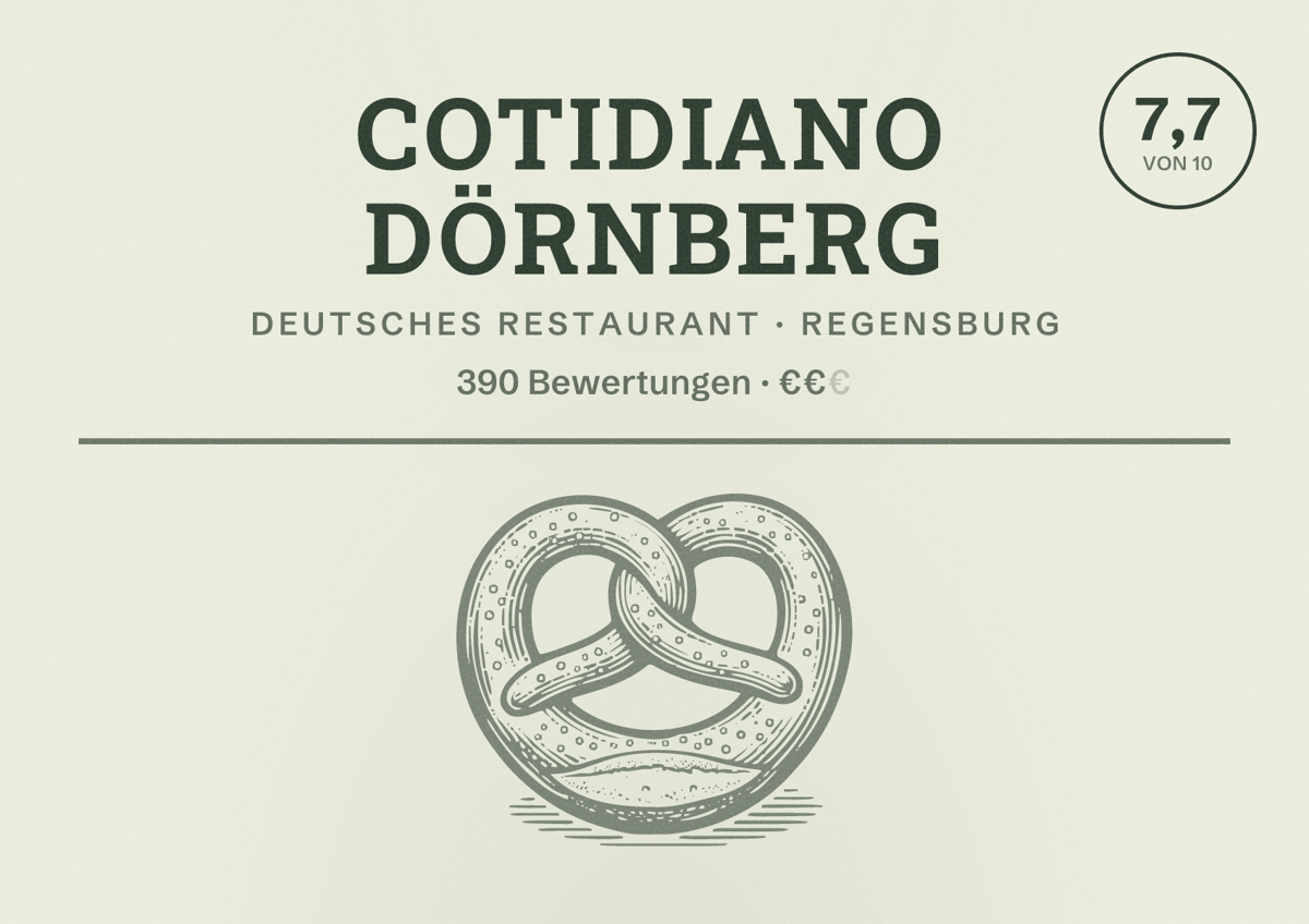 Illustriertes Poster von Cotidiano Dörnberg, Deutsches Restaurant in Regensburg: Bewertung 7,7 von 10 aus 390 Bewertungen, Preisniveau €€