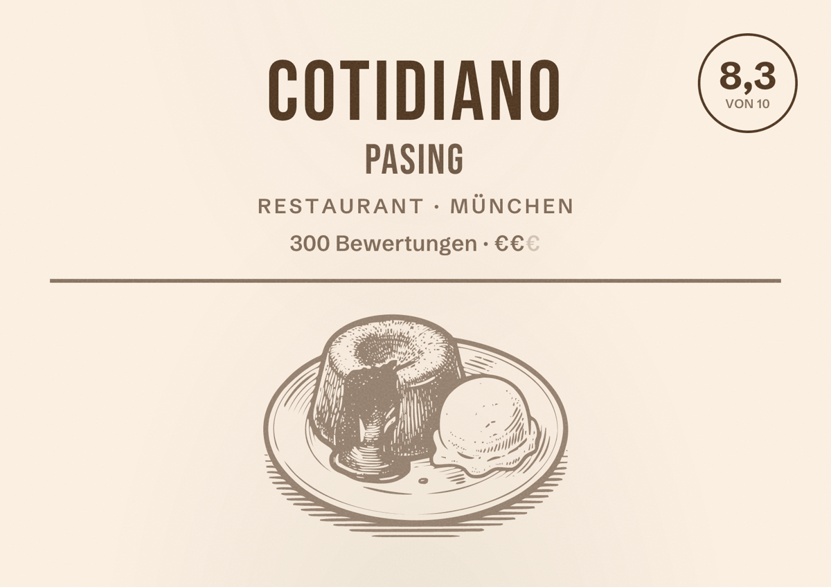 Illustriertes Poster von Cotidiano Pasing, Restaurant in München: Bewertung 8,3 von 10 aus 300 Bewertungen, Preisniveau €€