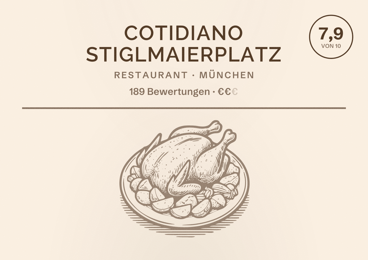 Illustriertes Poster von Cotidiano Stiglmaierplatz, Restaurant in München: Bewertung 7,9 von 10 aus 189 Bewertungen, Preisniveau €€