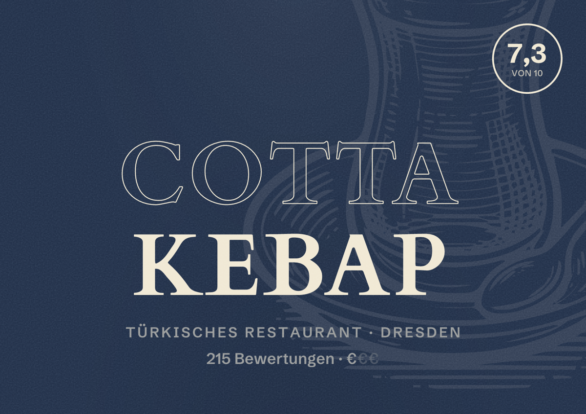 Illustriertes Poster von Cotta Kebap, Türkisches Restaurant in Dresden: Bewertung 7,3 von 10 aus 215 Bewertungen, Preisniveau €