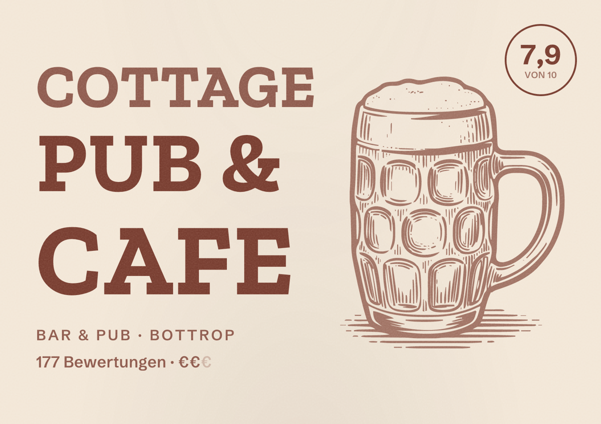 Illustriertes Poster von Cottage Pub & Cafe, Bar & Pub in Bottrop: Bewertung 7,9 von 10 aus 177 Bewertungen, Preisniveau €€