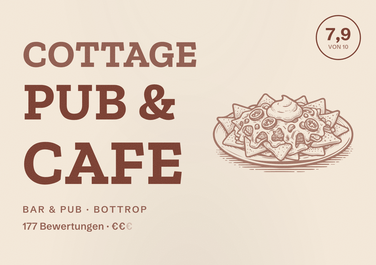 Illustriertes Poster von Cottage Pub & Cafe, Bar & Pub in Bottrop: Bewertung 7,9 von 10 aus 177 Bewertungen, Preisniveau €€