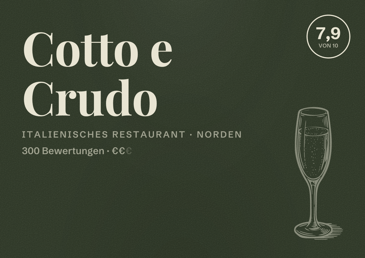 Illustriertes Poster von Cotto e Crudo, Italienisches Restaurant in Norden: Bewertung 7,9 von 10 aus 300 Bewertungen, Preisniveau €€