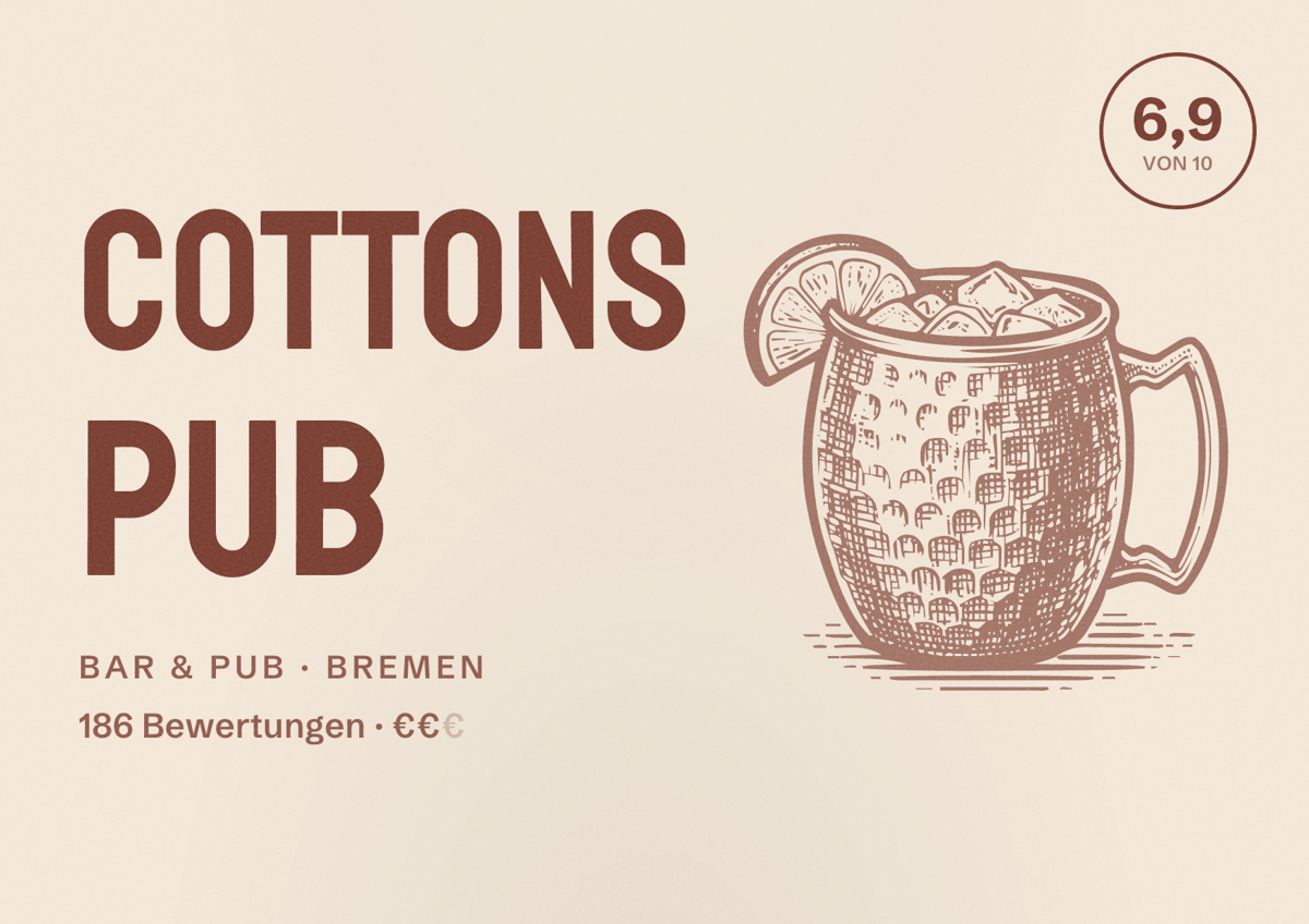 Illustriertes Poster von COTTONs Pub, Bar & Pub in Bremen: Bewertung 6,9 von 10 aus 186 Bewertungen, Preisniveau €€
