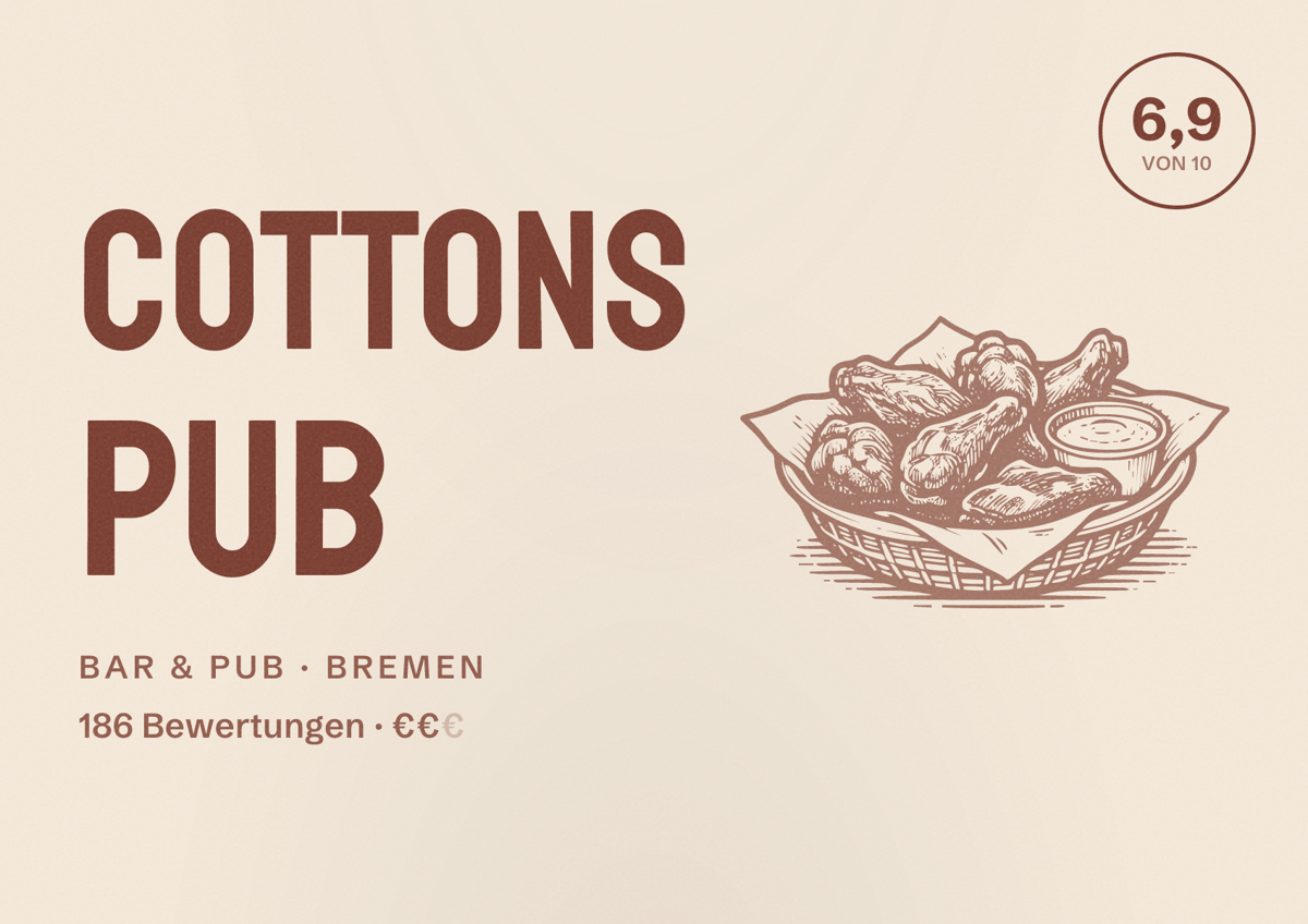 Illustriertes Poster von COTTONs Pub, Bar & Pub in Bremen: Bewertung 6,9 von 10 aus 186 Bewertungen, Preisniveau €€