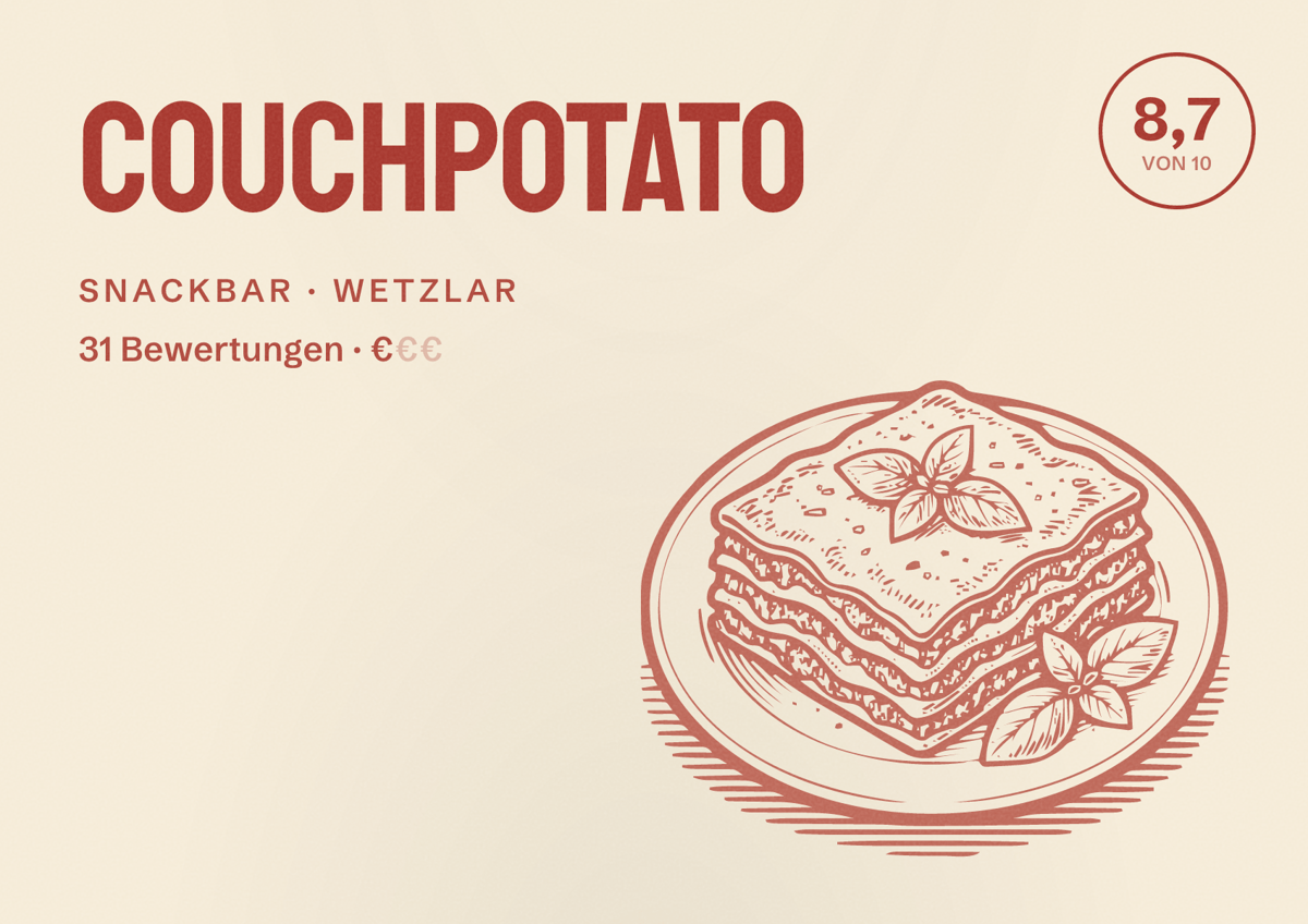 Illustriertes Poster von Couchpotato, Snackbar in Wetzlar: Bewertung 8,7 von 10 aus 31 Bewertungen, Preisniveau €