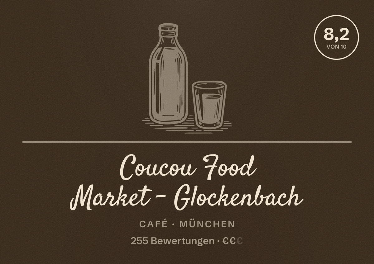 Illustriertes Poster von Coucou Food Market - Glockenbach, Café in München: Bewertung 8,2 von 10 aus 255 Bewertungen, Preisniveau €€