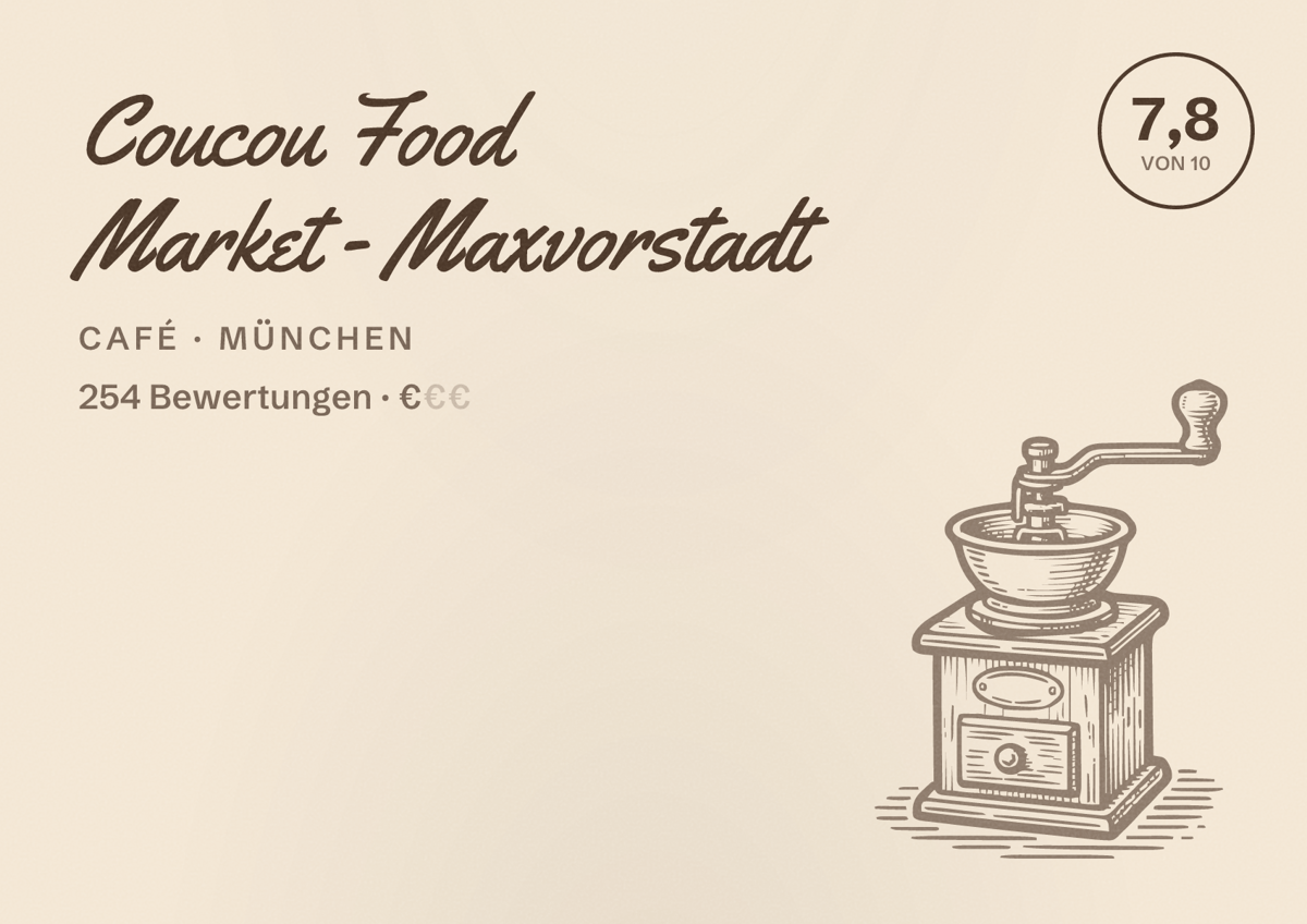 Illustriertes Poster von Coucou Food Market - Maxvorstadt, Café in München: Bewertung 7,8 von 10 aus 254 Bewertungen, Preisniveau €