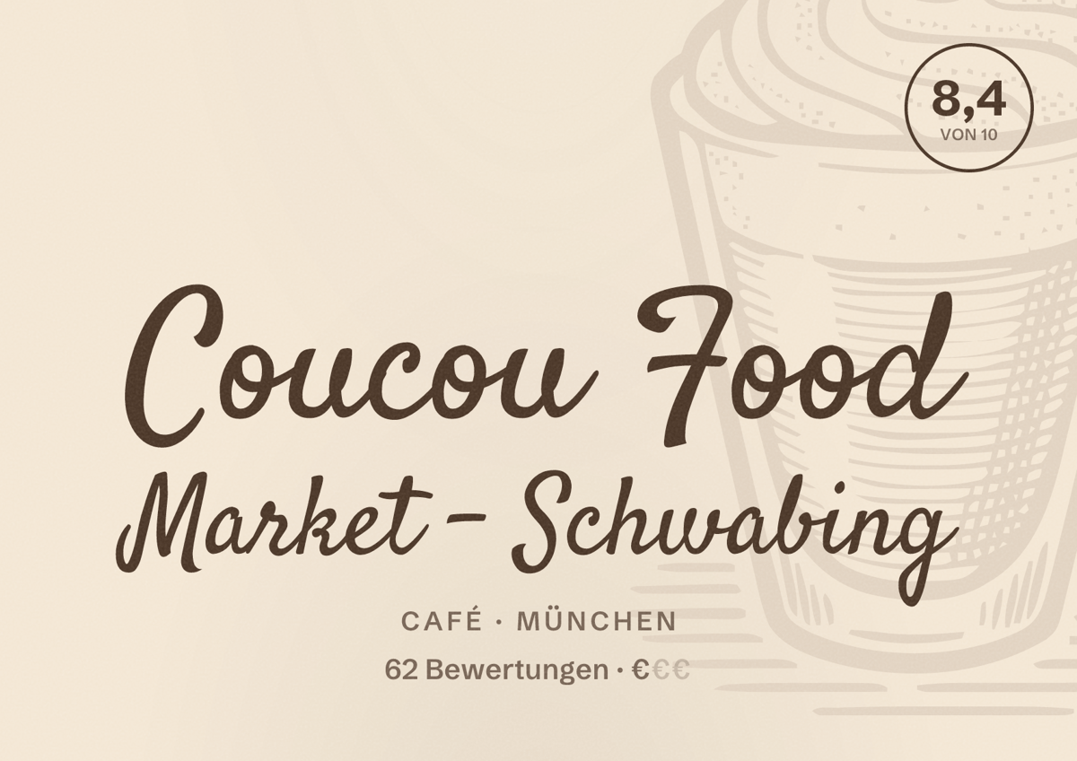 Illustriertes Poster von Coucou Food Market - Schwabing, Café in München: Bewertung 8,4 von 10 aus 62 Bewertungen, Preisniveau €