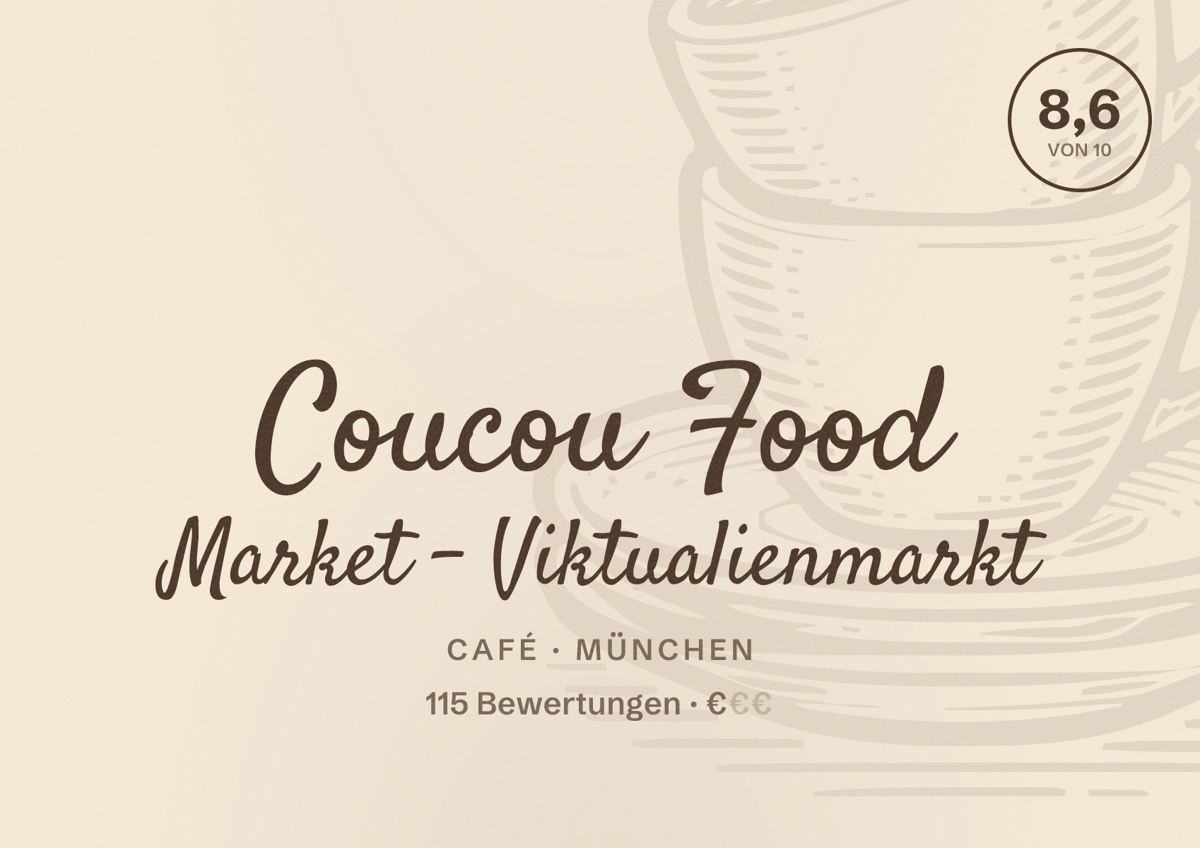 Illustriertes Poster von Coucou Food Market - Viktualienmarkt, Café in München: Bewertung 8,6 von 10 aus 115 Bewertungen, Preisniveau €