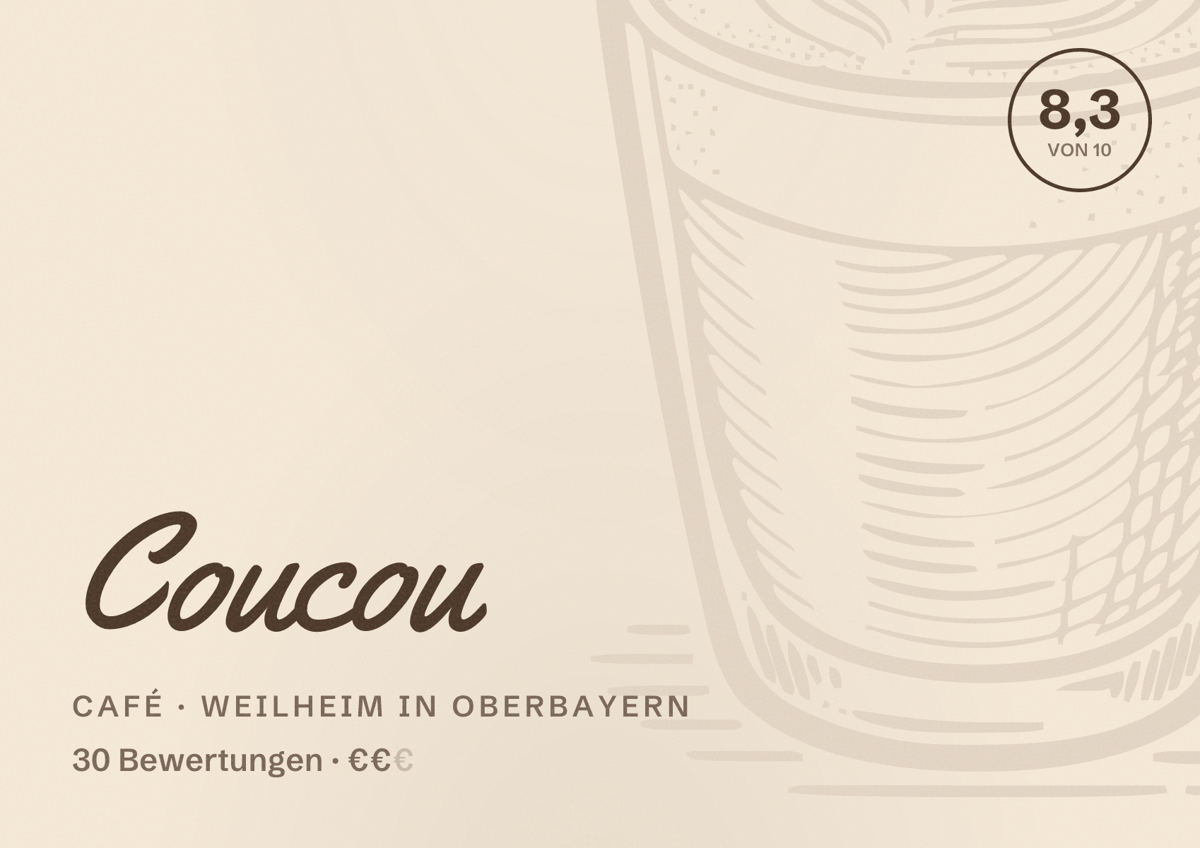 Illustriertes Poster von Coucou, Café in Weilheim in Oberbayern: Bewertung 8,3 von 10 aus 30 Bewertungen, Preisniveau €€