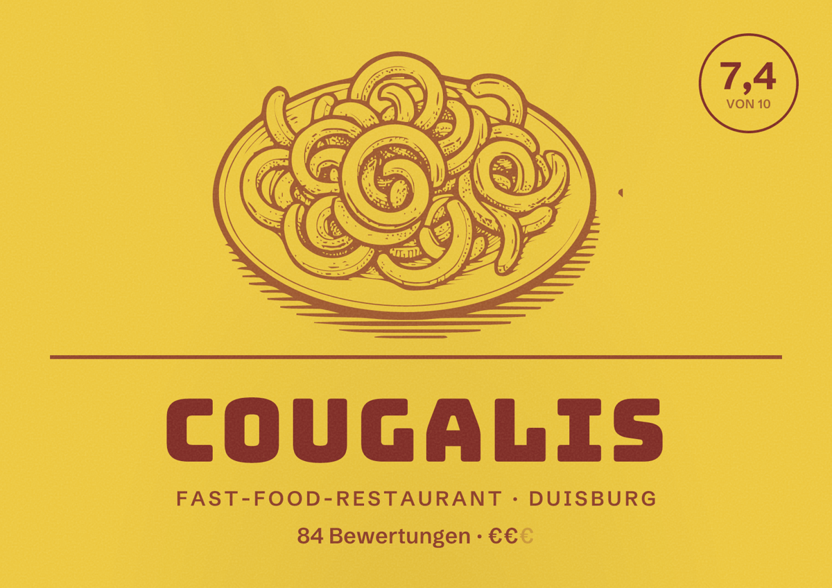 Illustriertes Poster von Cougalis, Fast-Food-Restaurant in Duisburg: Gästebewertung 7,4 von 10 aus 84 Bewertungen