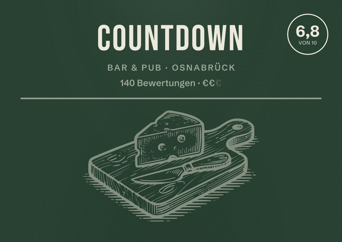 Illustriertes Poster von Countdown, Bar & Pub in Osnabrück: Bewertung 6,8 von 10 aus 140 Bewertungen, Preisniveau €€
