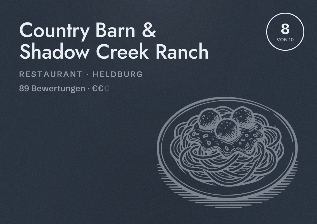 Illustriertes Poster von Country Barn & Shadow Creek Ranch, Restaurant in Heldburg: Bewertung 8 von 10 aus 89 Bewertungen, Preisniveau €€