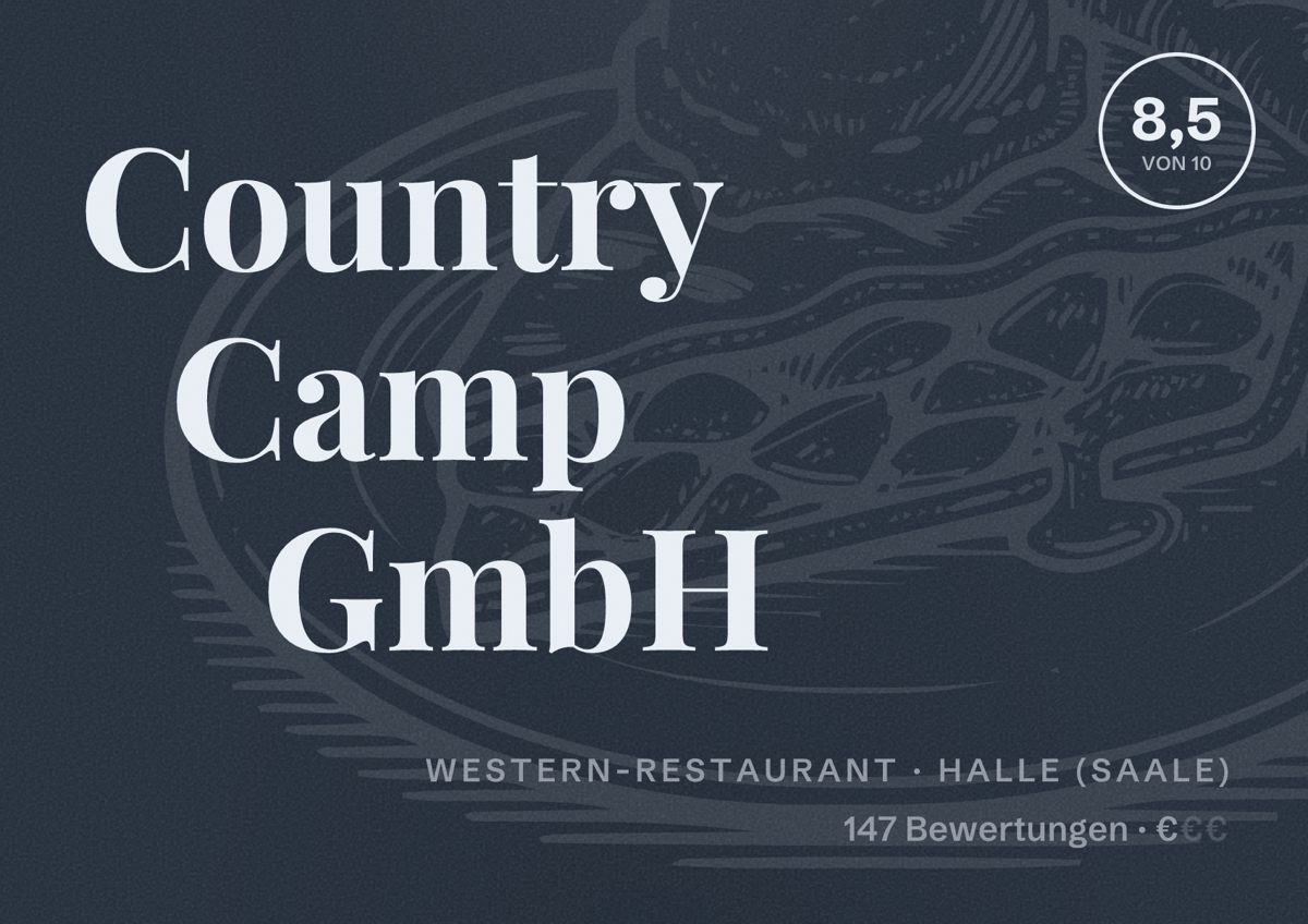 Illustriertes Poster von Country Camp GmbH, Western-Restaurant in Halle (Saale): Bewertung 8,5 von 10 aus 147 Bewertungen, Preisniveau €