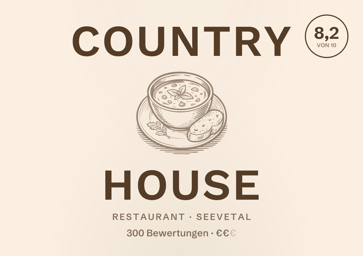 Illustriertes Poster von Country House, Restaurant in Seevetal: Bewertung 8,2 von 10 aus 300 Bewertungen, Preisniveau €€