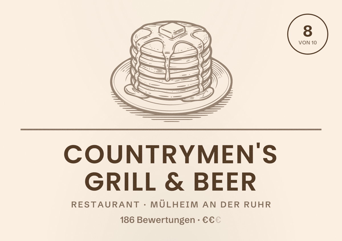 Illustriertes Poster von Countrymen's Grill & Beer, Restaurant in Mülheim an der Ruhr: Bewertung 8 von 10 aus 186 Bewertungen, Preisniveau €€