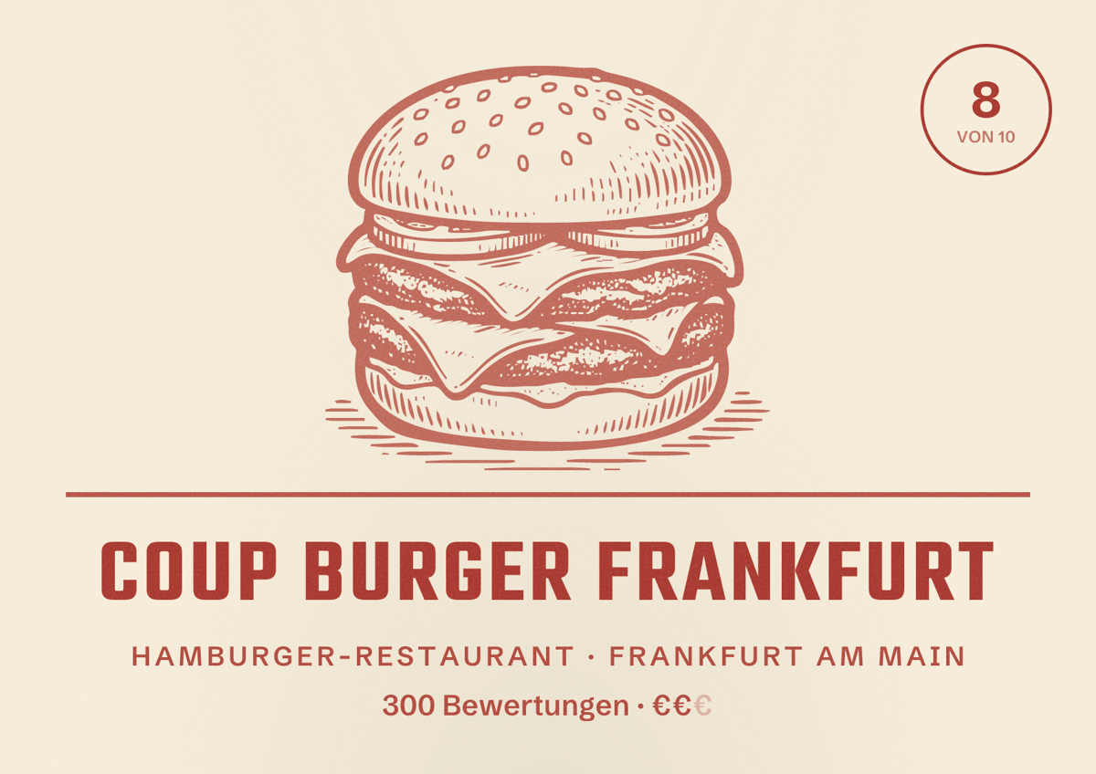 Illustriertes Poster von Coup Burger Frankfurt, Hamburger-Restaurant in Frankfurt am Main: Bewertung 8,0 von 10 aus 300 Bewertungen, Preisniveau €€