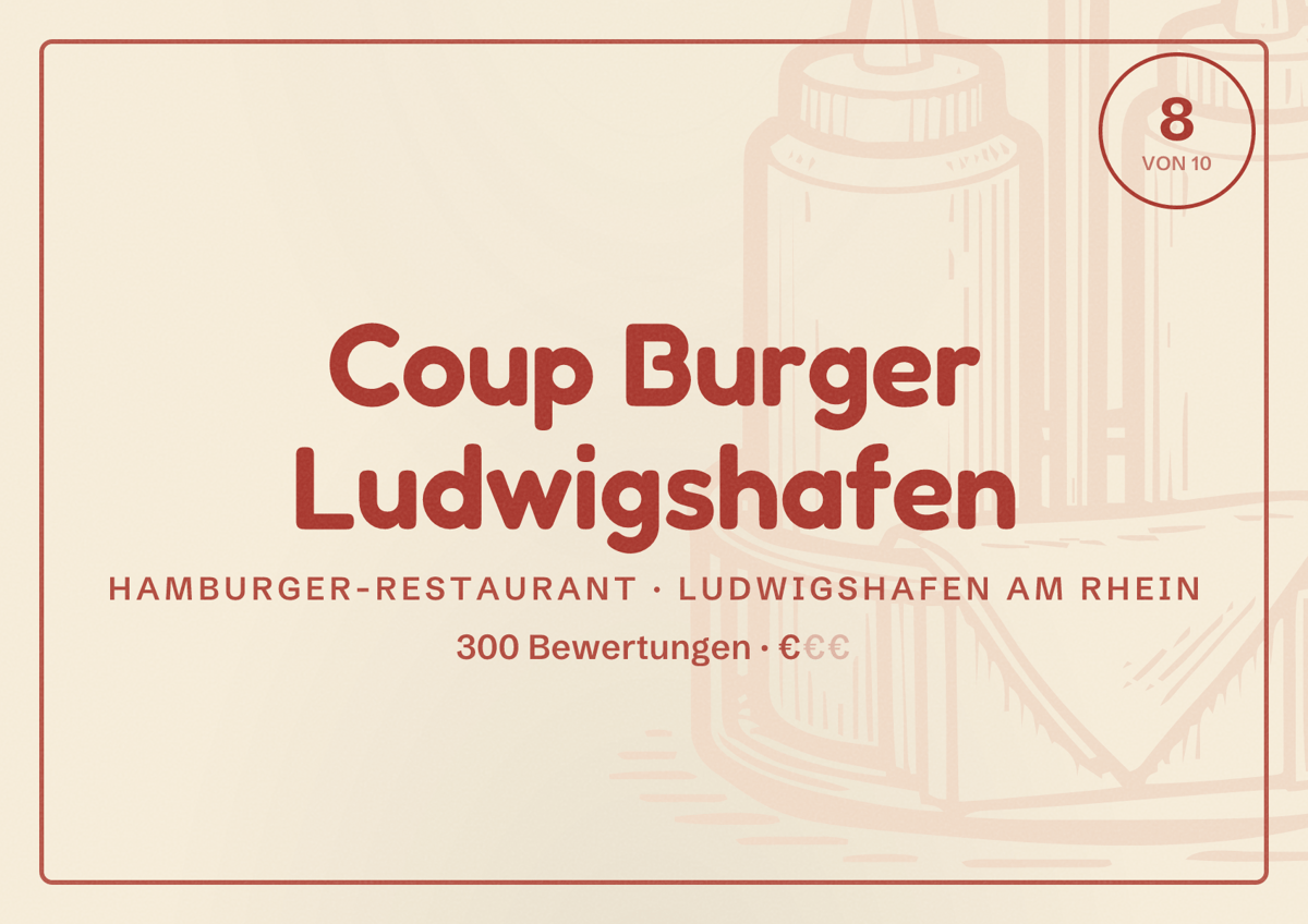 Illustriertes Poster von Coup Burger Ludwigshafen, Hamburger-Restaurant in Ludwigshafen am Rhein: Bewertung 8 von 10 aus 300 Bewertungen, Preisniveau €