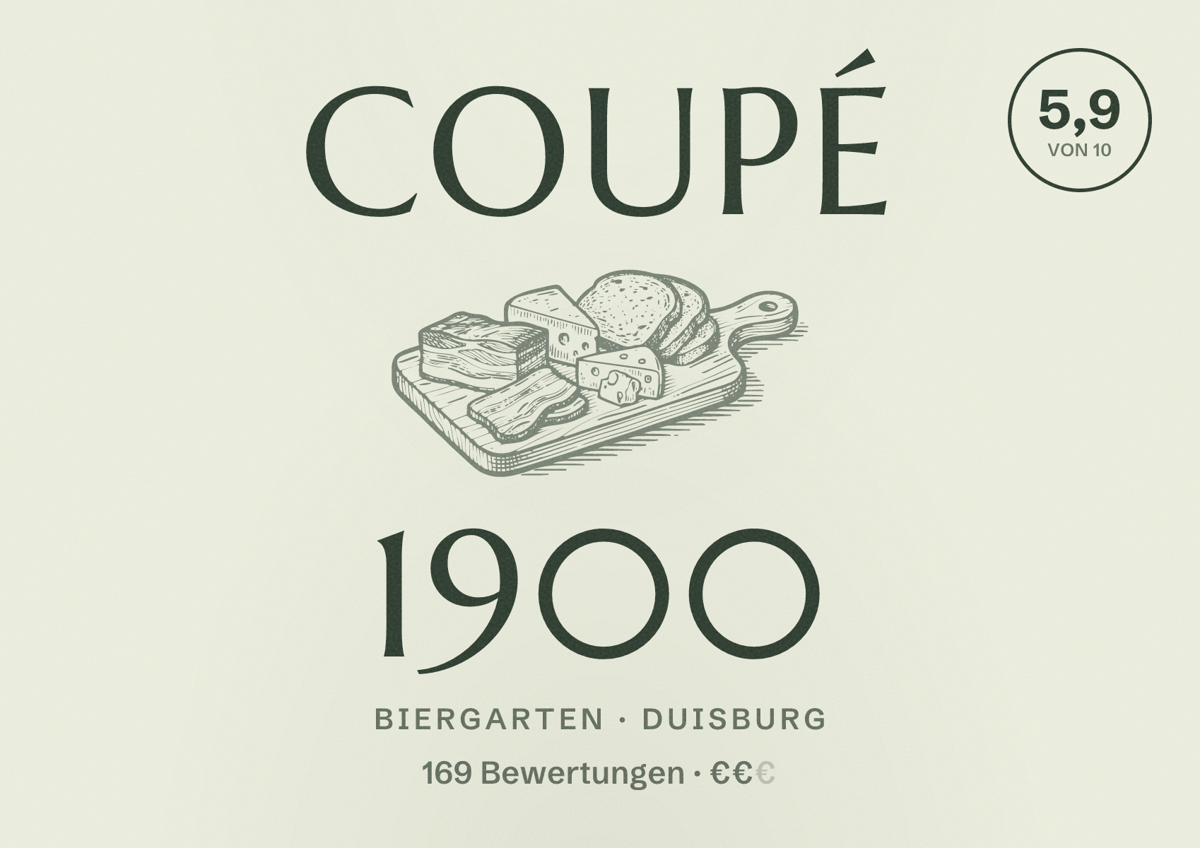 Illustriertes Poster von Coupé 1900, Biergarten in Duisburg: Bewertung 5,9 von 10 aus 169 Bewertungen, Preisniveau €€