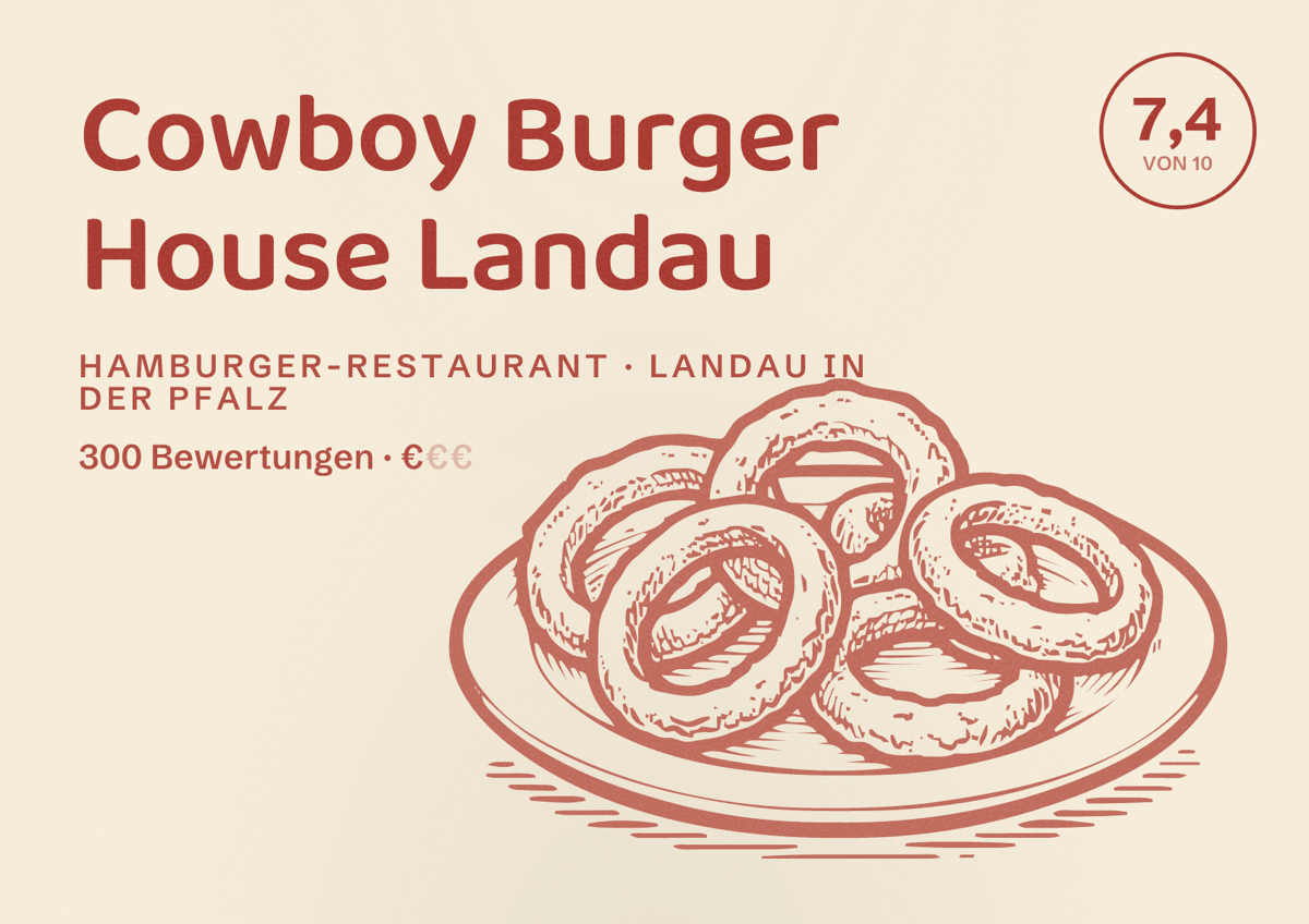 Illustriertes Poster von Cowboy Burger House Landau, Hamburger-Restaurant in Landau in der Pfalz: Bewertung 7,4 von 10 aus 300 Bewertungen, Preisniveau €