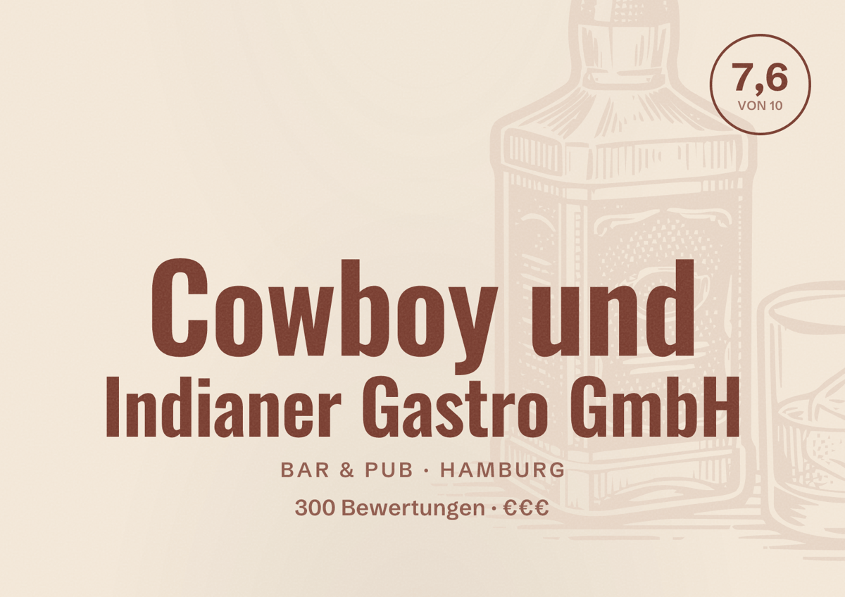 Illustriertes Poster von Cowboy und Indianer Gastro GmbH, Bar & Pub in Hamburg: Bewertung 7,6 von 10 aus 300 Bewertungen, Preisniveau €€€