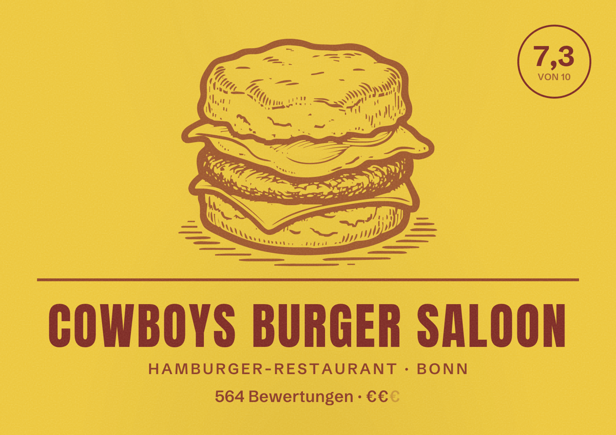 Illustriertes Poster von Cowboys Burger Saloon, Hamburger-Restaurant in Bonn: Bewertung 7,3 von 10 aus 564 Bewertungen, Preisniveau €€