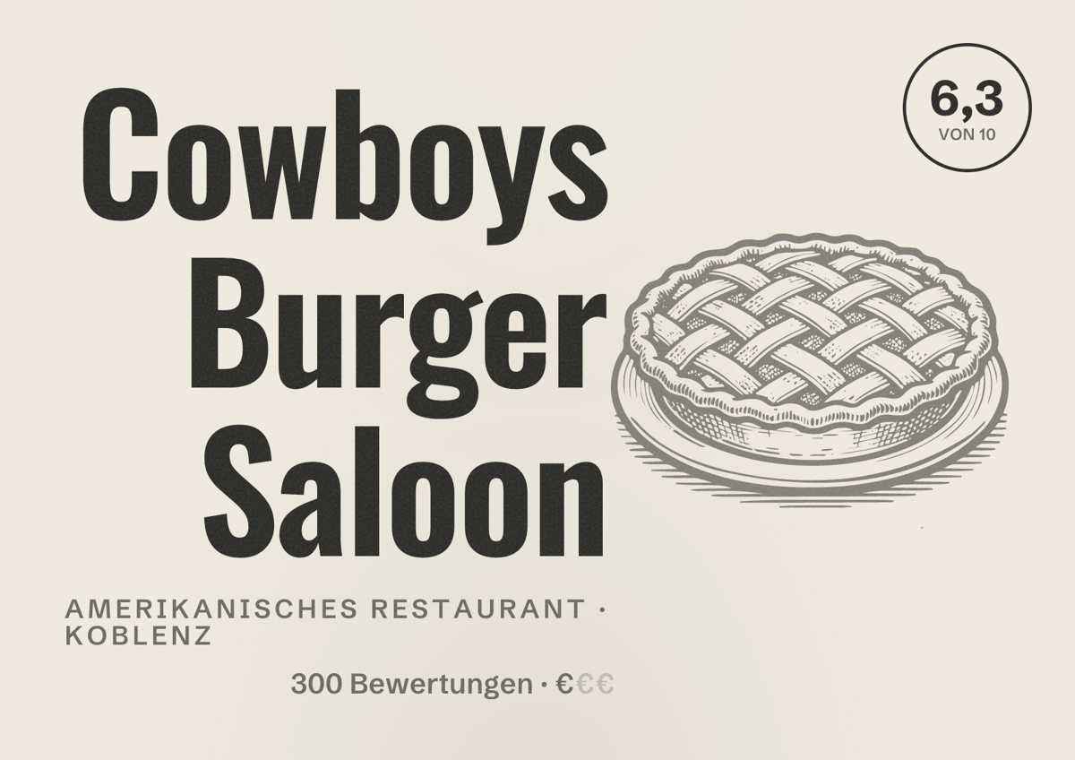 Illustriertes Poster von Cowboys Burger Saloon, Amerikanisches Restaurant in Koblenz: Bewertung 6,3 von 10 aus 300 Bewertungen, Preisniveau €