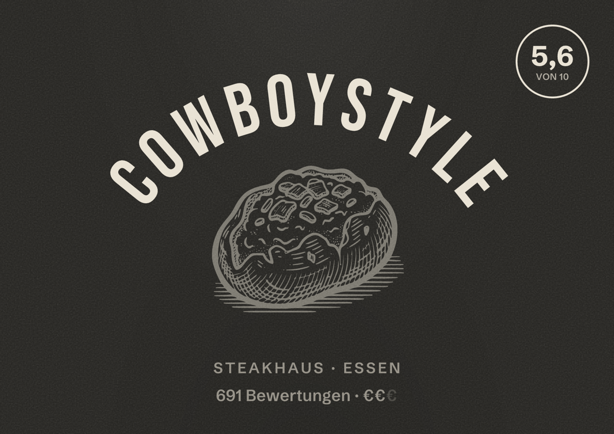 Illustriertes Poster von Cowboystyle, Steakhaus in Essen: Bewertung 5,6 von 10 aus 691 Bewertungen, Preisniveau €€