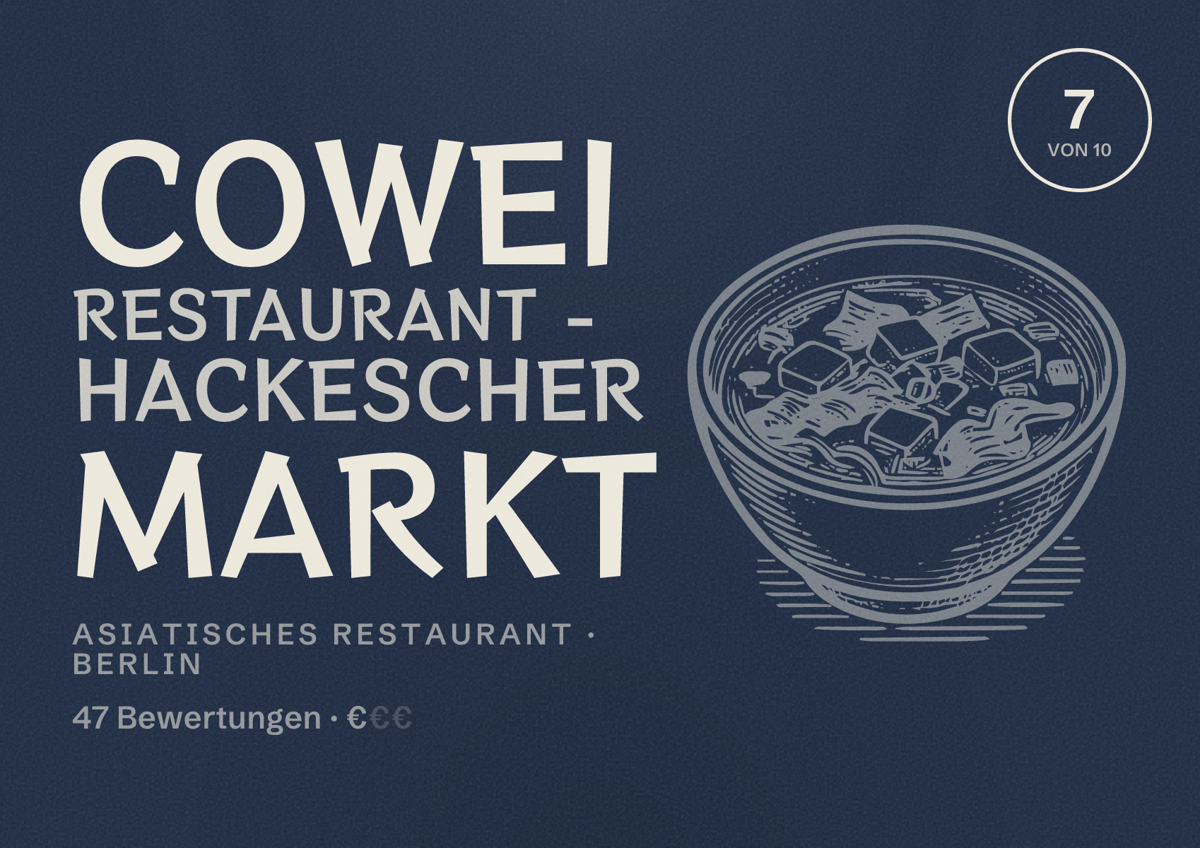 Illustriertes Poster von Cowei Restaurant - Hackescher Markt, Asiatisches Restaurant in Berlin: Bewertung 7,0 von 10 aus 47 Bewertungen, Preisniveau €