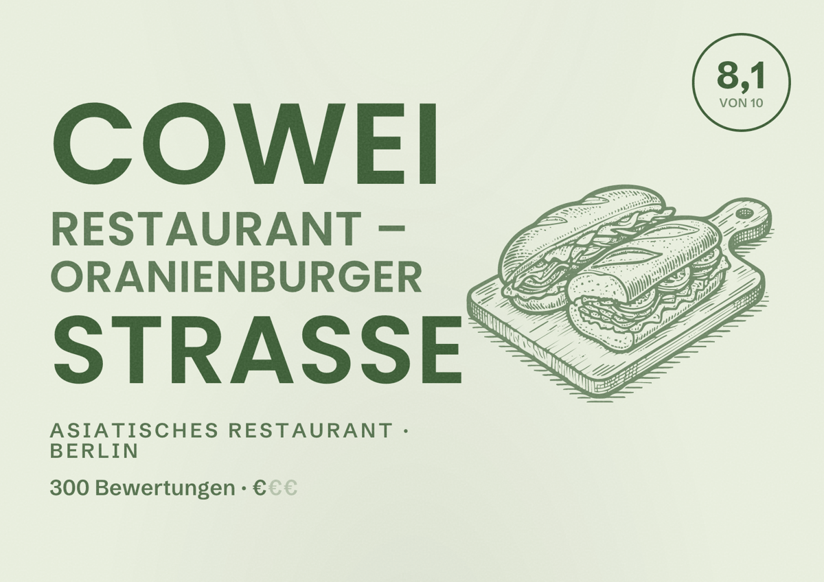 Illustriertes Poster von Cowei Restaurant – Oranienburger Straße, Asiatisches Restaurant in Berlin: Bewertung 8,1 von 10 aus 300 Bewertungen, Preisniveau €