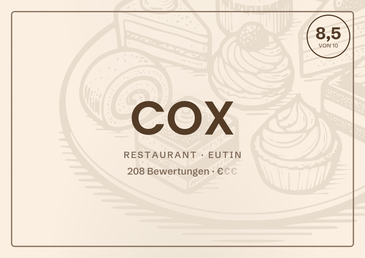 Illustriertes Poster von COX, Restaurant in Eutin: Bewertung 8,5 von 10 aus 208 Bewertungen, Preisniveau €