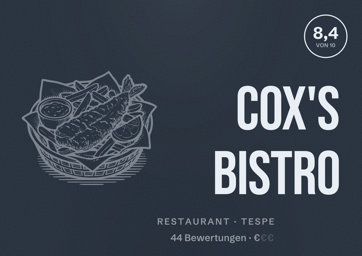 Illustriertes Poster von Cox's Bistro, Restaurant in Tespe: Bewertung 8,4 von 10 aus 44 Bewertungen, Preisniveau €