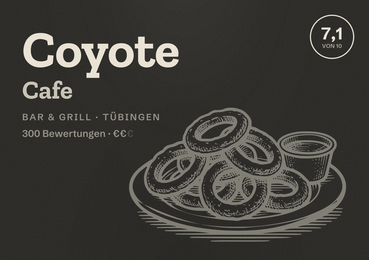 Illustriertes Poster von Coyote Cafe, Bar & Grill in Tübingen: Bewertung 7,1 von 10 aus 300 Bewertungen, Preisniveau €€