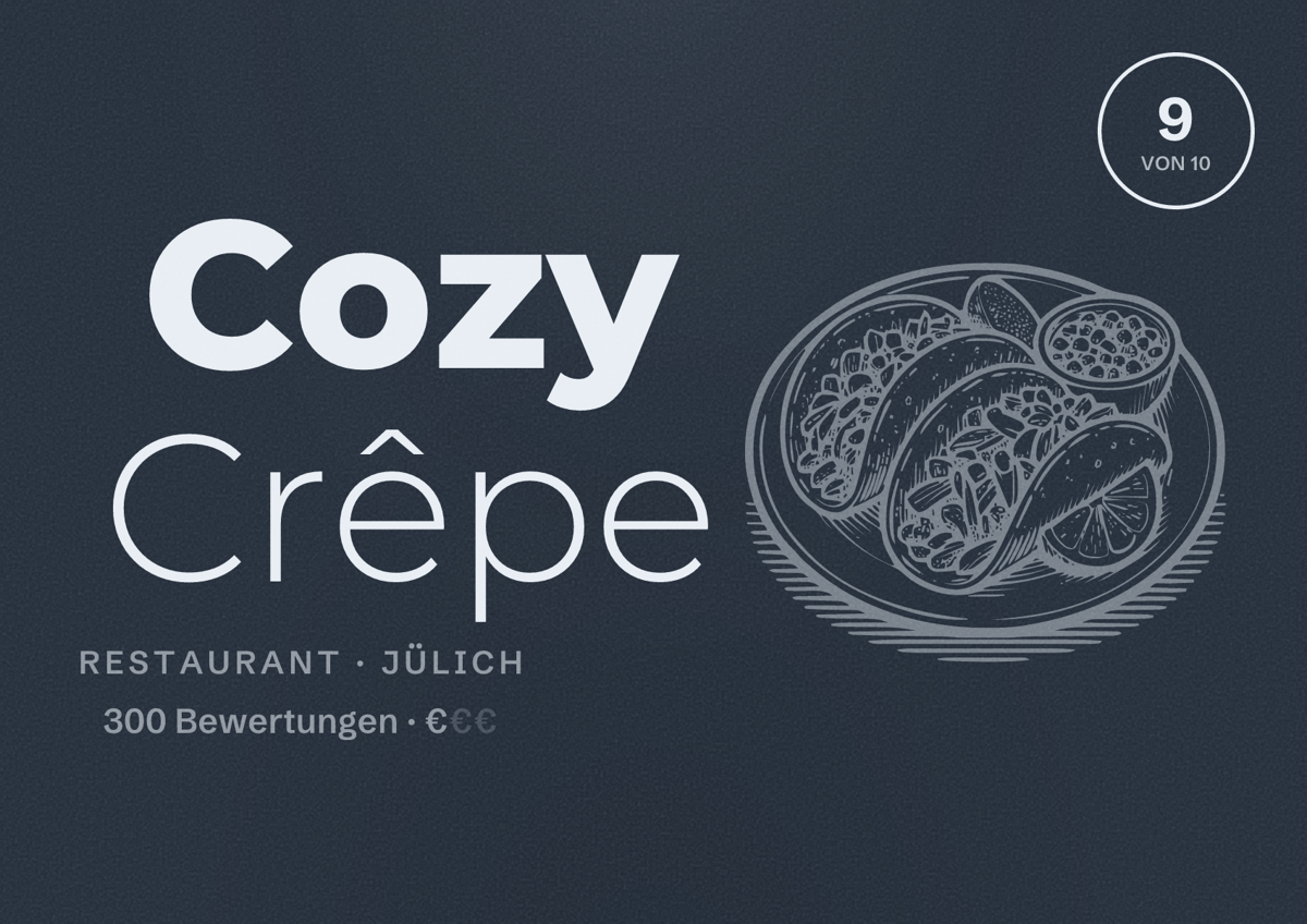 Illustriertes Poster von Cozy Crêpe, Restaurant in Jülich: Bewertung 9 von 10 aus 300 Bewertungen, Preisniveau €