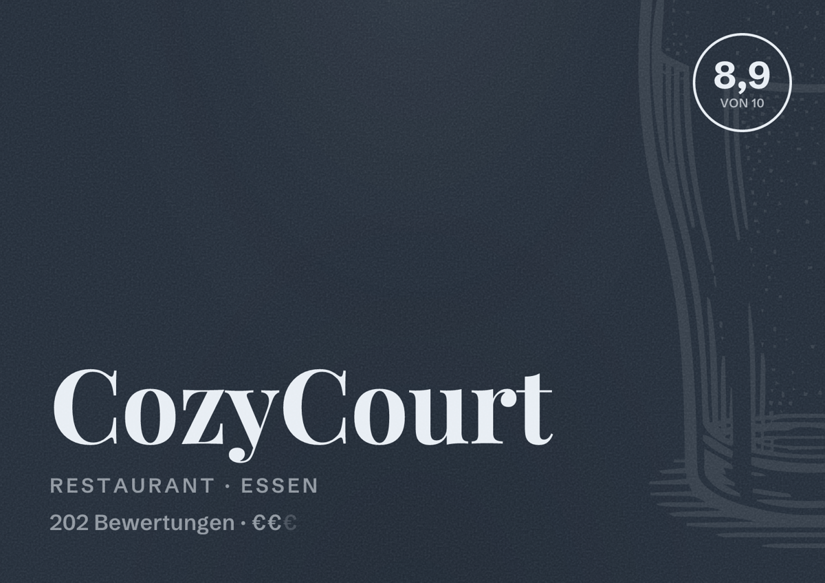 Illustriertes Poster von CozyCourt, Restaurant in Essen: Bewertung 8,9 von 10 aus 202 Bewertungen, Preisniveau €€