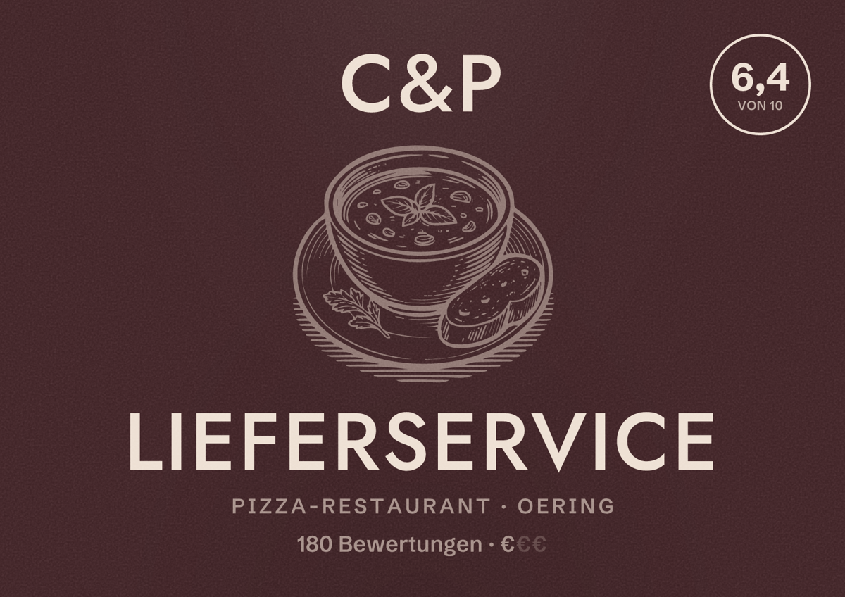 Illustriertes Poster von C&P Lieferservice, Pizza-Restaurant in Oering: Bewertung 6,4 von 10 aus 180 Bewertungen, Preisniveau €