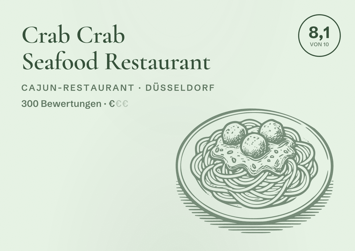 Illustriertes Poster von Crab Crab Seafood Restaurant, Cajun-Restaurant in Düsseldorf: Bewertung 8,1 von 10 aus 300 Bewertungen, Preisniveau €