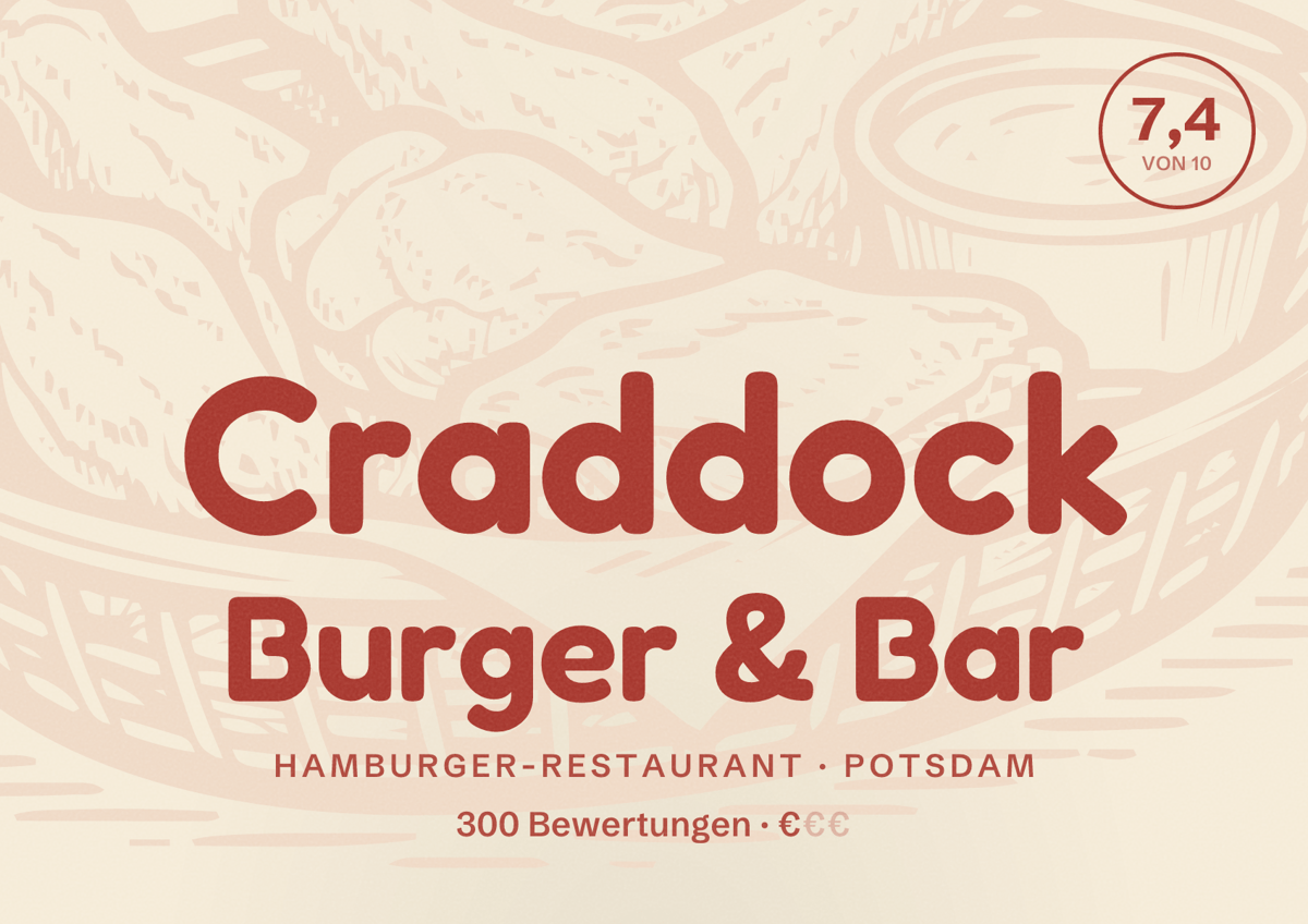 Illustriertes Poster von Craddock Burger & Bar, Hamburger-Restaurant in Potsdam: Bewertung 7,4 von 10 aus 300 Bewertungen, Preisniveau €