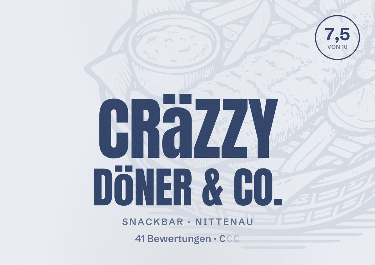 Illustriertes Poster von CRäZZY DöNER & CO., Snackbar in Nittenau: Bewertung 7,5 von 10 aus 41 Bewertungen, Preisniveau €