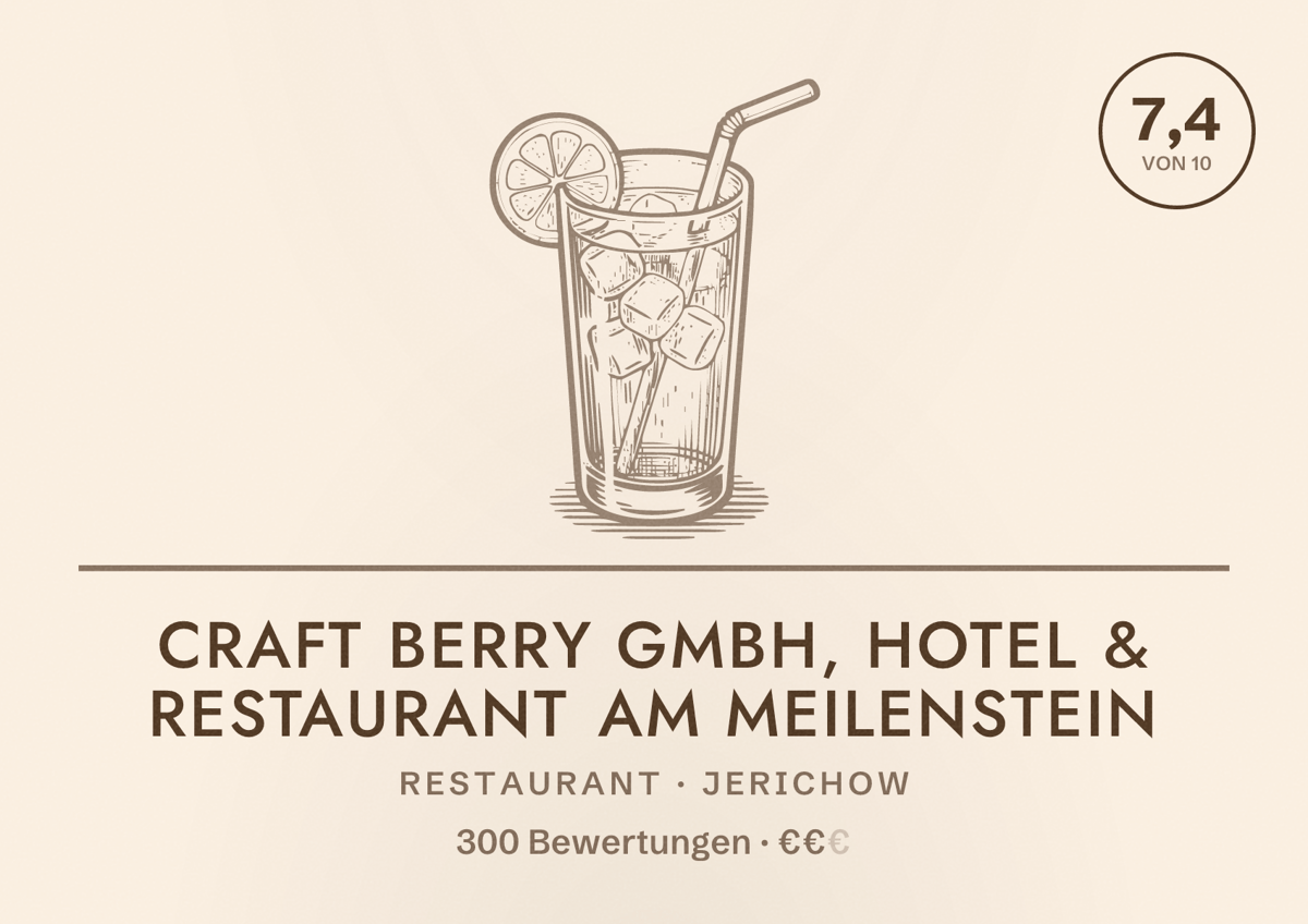 Illustriertes Poster von Craft Berry GmbH, Hotel & Restaurant Am Meilenstein, Restaurant in Jerichow: Bewertung 7,4 von 10 aus 300 Bewertungen, Preisniveau €€