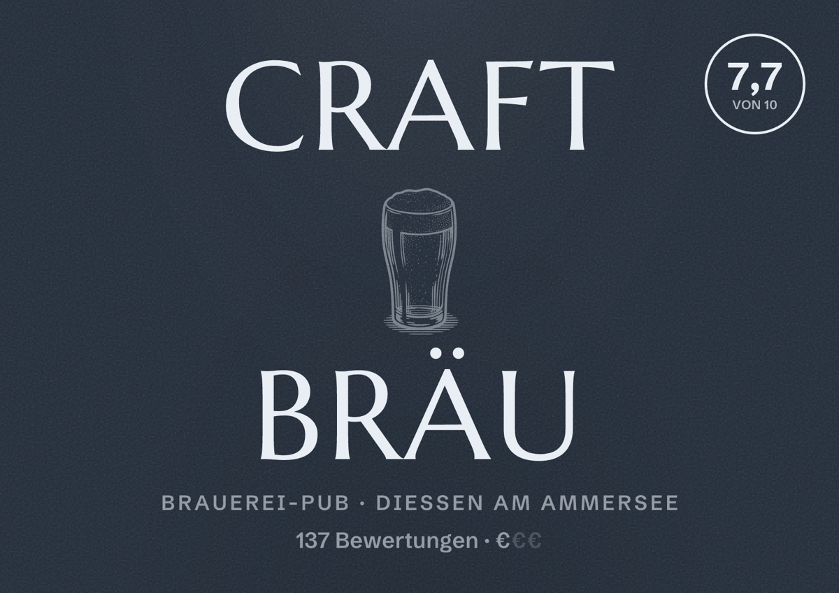 Illustriertes Poster von Craft Bräu, Brauerei-Pub in Dießen am Ammersee: Bewertung 7,7 von 10 aus 137 Bewertungen, Preisniveau €